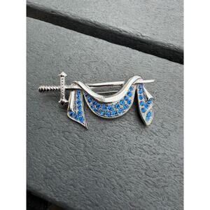 Vintage Ora Blue Rhinestone Sword and Mantle Brooch Silver Tone Signed